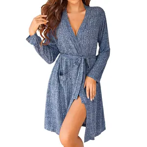 Women's Loungewear Nightgown Knitted Ribbed Bathrobe Stretch Pocket Knee-Length Robe