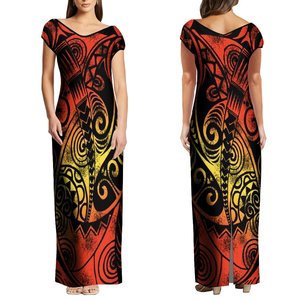 Dernière conception de <span class=keywords><strong>robe</strong></span> hawaïenne longue à épaules dénudées et col en V personnalisée Tapa <span class=keywords><strong>robe</strong></span> polynésienne à impression tribale fendue robes décontractées pour femmes - Product Image 4