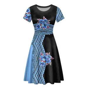 Fashionable Blue Floral Dress For Women Polynesian Hawaiian Flower Print Customized Beach Summer Dresses Ladies Casual Dresses