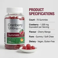 Gummies à la canneberge 1500 mg par portion, véganes, sans gluten, saveur cerise mangue, flacon de 70 gummies