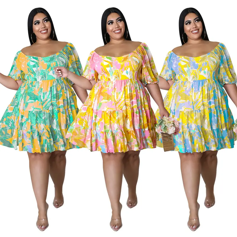 wholesale womens boutique clothing New arrival plus size One shoulder floral print A-line dress