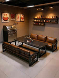 Juego de Mesa de Centro y Sofá de Cuero PU con Estructura Metálica Estilo Industrial Vintage para Cafetería, <span class=keywords><strong>Bar</strong></span>, Salón, Color Marrón <span class=keywords><strong>Retro</strong></span> - Product Image 2