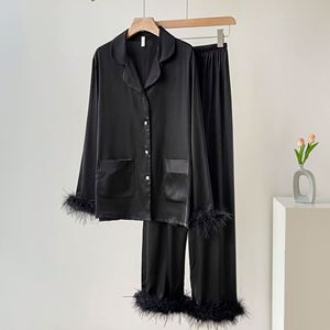 Conjunto de Pijama de Lujo de Seda Helada con Plumas Desmontables, Manga Larga, Ropa de Estar por Casa y Traje para Mujer, Ideal para Exteriores - Product Image 1