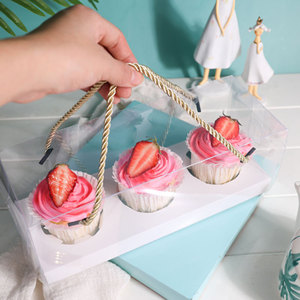 Long Clear Lid 3 Hole Pvc Plastic Folding Fold Carry Out Pastry Cake Cupcake Box With Divider And Handle