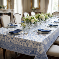 Nappe Moderne Bleue à Motifs Floraux Imprimés, 100% Coton, Faite à la Main, Lavable, Personnalisable, pour Table à Manger, Hôtel, Restaurant, Mariage, Fête