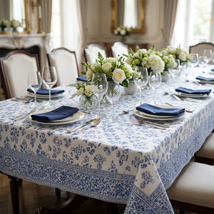 Mantel Moderno Azul con Estampado Floral, 100% Algodón, Hecho a Mano, Lavable y Personalizable, para Mesa de Comedor, Hotel o Restaurante - Product Image 3