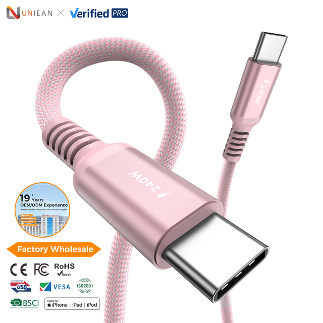 UNIEAN USB 2.0 240w C to C Cable PD3.1 480Mbps Ultra Fast Charging Data Transfer Cord Durable Nylon Wire Factory Direct Sales