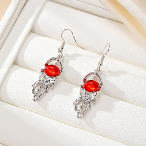 Qinghe Jewelry Silver <b>Octopus</b> <b>Earrings</b> Red Stone Alloy Plated Women's Fashion Jewelry - Product Image 1
