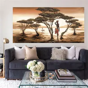 Afrika sanat peyzaj ve kadın tuval sanat baskı büyük boy ev oturma odası tuval duvar sanatı boyama dekoratif duvar resimleri
