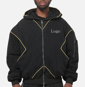 Giacca Bomber <span class=keywords><strong>Oversize</strong></span> da Uomo Nera Vintage Lavata con Logo, Dettagli Geometrici a Contrasto e Cappuccio, con Tasche Multiple e Zip - Product Image 1