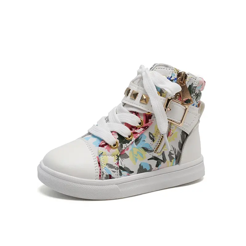 Wholesale fashion boy girl children's school white casual flat kids printed high top canvas trendy shoes footwear sneaker
