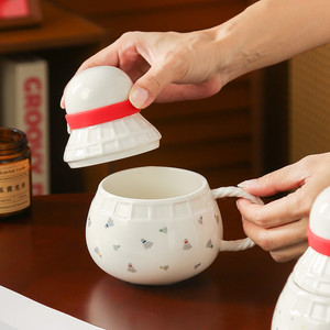 Custom <b>Badminton</b> Shaped Ceramic Mug with Lid and Spoon Creative Sports Style Gift Coffee Cup - Product Image 4