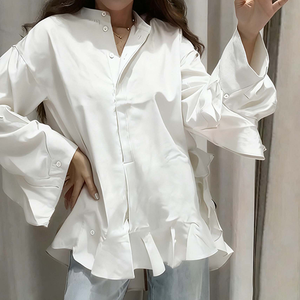 <span class=keywords><strong>Camicia</strong></span> da <span class=keywords><strong>Donna</strong></span> con Orlo a Volant, Tinta Unita, Collo Tondo, Maniche Lunghe, Cardigan in Pizzo con Bottoni, Casual e Comoda, Taglia <span class=keywords><strong>Oversize</strong></span> - Product Image 3