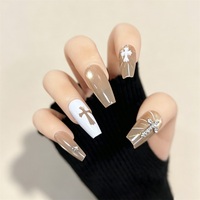 Faux Ongles de Luxe à Presser, Motif Croix Strass et Perles, Forme Cercueil Moyenne, Effet Œil de Chat Aurore Marron Nude, Réutilisables en ABS, Faits Main, 10 Pièces
