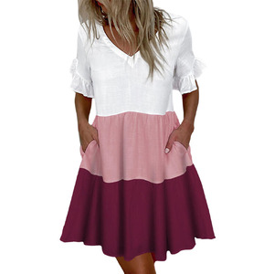 Abito Midi Casual Multicolore con Volant <span class=keywords><strong>e</strong></span> Maniche Corte, Elegante Stile Dolce, Vestito Ampio con Scollo a V per Donna, Ideale per Primavera ed Estate - Product Image 1