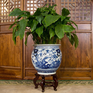 15.5 Inch Blue and White <strong>Porcelain</strong> Bird and Flower Chinese <strong>Fishbowl</strong> Planter Pot - Product Image 2