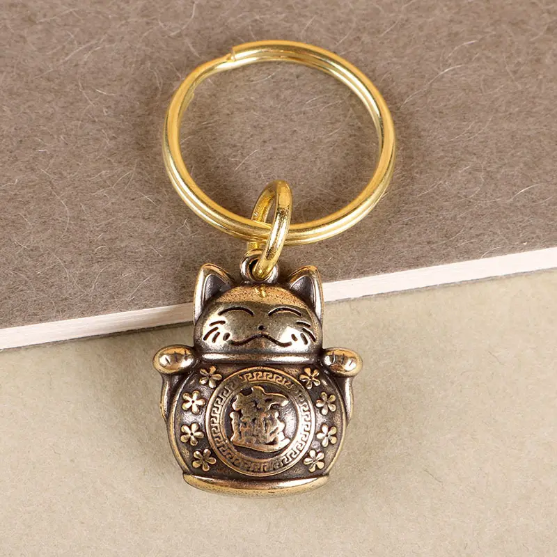 Thiết Kế Mới Phong Thủy Mèo Xe Keychain Tinh Khiết Handmade Brass May Mắn Mèo Xe Keychain