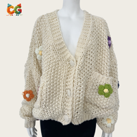 Supplier Cardigan Rajut Wanita Motif Bunga Mawar dengan Logo Custom CG, Kerah V, 100% Poliester, Lengan Panjang, Model Longgar, Kasual