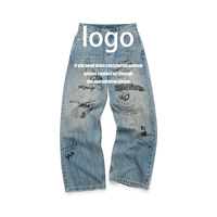 Jeans Raging Poly Graffiti Denim brodés, effet déchiré, style Y2K Hip Hop, coupe droite, haute qualité, pour hommes et femmes