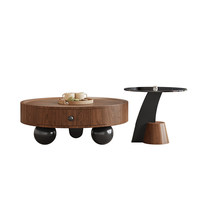 Ensemble de table basse et table d'appoint ronde en bois créative et économique : Noyer avec tiroir, pieds en boule (Salon minimaliste)