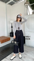 Celana Jeans Wanita Ukuran Besar Model Kaki Lebar dengan Ruffle di Bagian Bawah, Celana Granny, Bahan Denim Elastis untuk Semua Musim, Kain Stretch, Kasual, Kancing, Polos