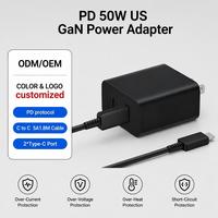 Cargador de Pared GaN PD de 50W 25W con Carga Rápida, Enchufe Estadounidense, Doble Puerto Tipo C, Adaptador de Corriente de 5A, Cable de 1.8M, Protección Contra Sobrecalentamiento