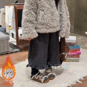 Girls Autumn Winter Two Piece <b>Pants</b> Korean Style Casual Fleece <b>Lined</b> Warm Loose Fit Solid Color Cotton Woven - Product Image 1