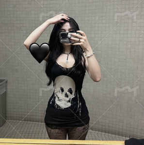 Y2K femmes Streetwear Harajuku crâne imprimé sans manches taille haute robe moulante nouveau rétro Punk gothique robe Grunge tenues - Product Image 3