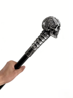 Canne de marche vintage gothique sculptée pour gentleman, avec poignée en résine tête de mort mexicaine argentée antique