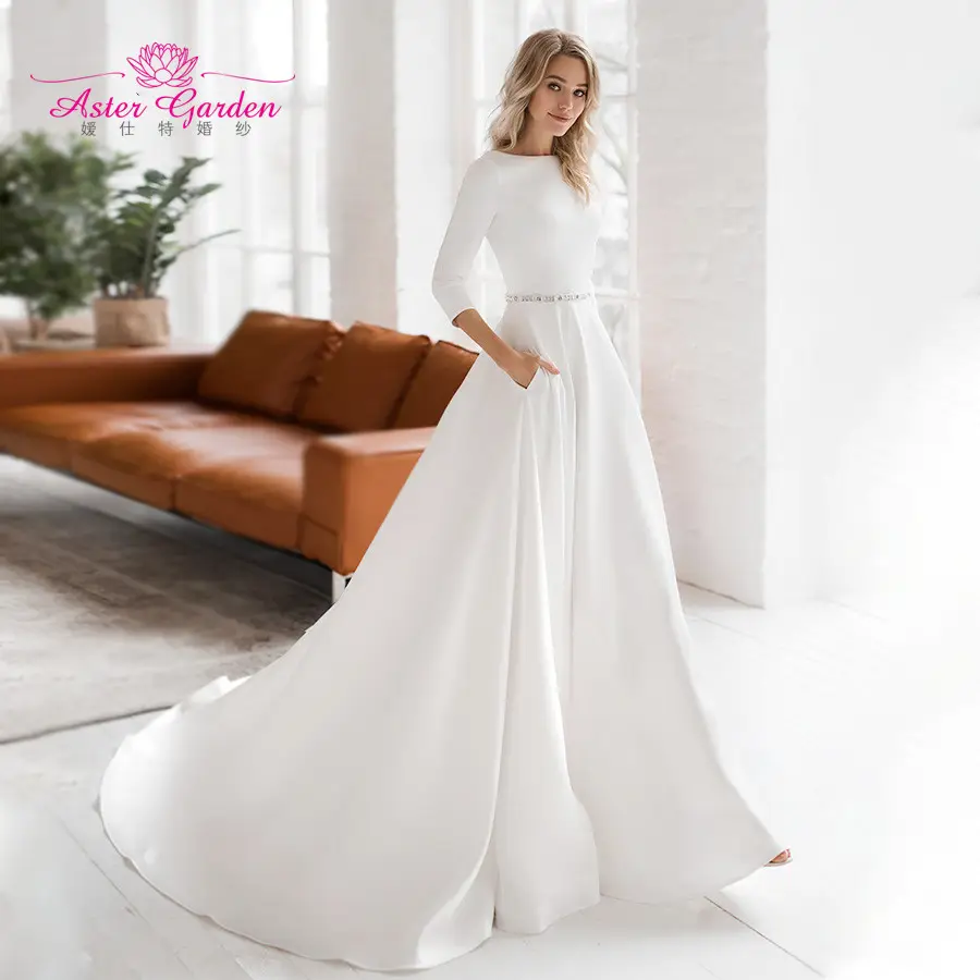 Aster bahçe uzun kollu düğün elbisesi 2021 zarif saten A-Line gelin elbiseler Scoop kristal Sashes orta geri Vintage gelin kıyafeti