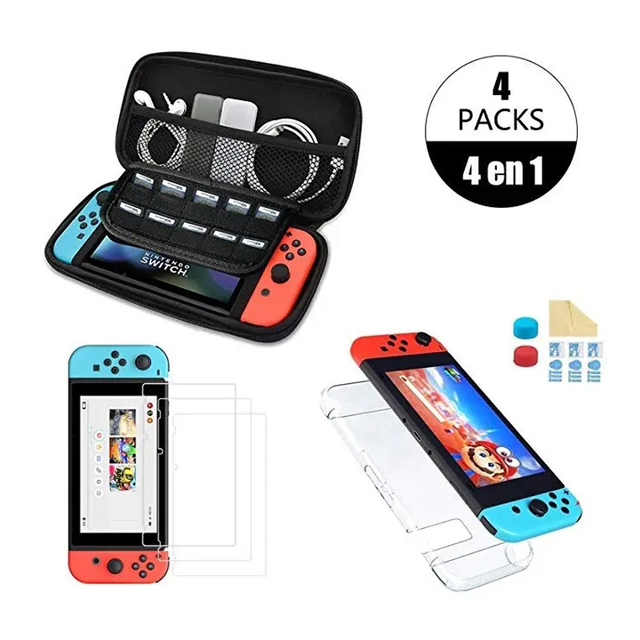 4 in 1 Carrying Case for N Switch Storage Bag Travel Bag Transparent Cover Shell Case Tempered Glass Grips