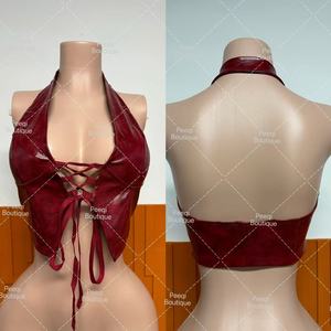 Peeqi Summer 2025 New PU <strong>Leather</strong> <strong>Tops</strong> Women Hollow Out Bandage Sleeveless Backless <strong>Halter</strong> <strong>Tops</strong> Slim Sexy Crop <strong>Top</strong> Women - Product Image 4