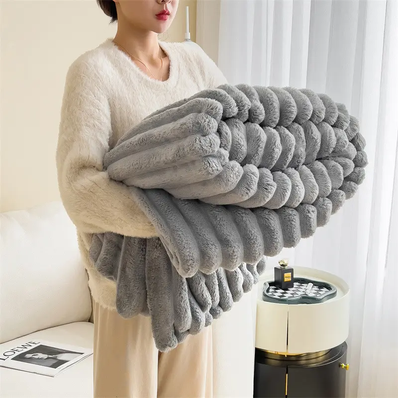Lüks % 100 Polyester çevre dostu çizgili atmak battaniye peluş kanepe battaniyesi yatak battaniyesi
