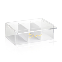 Boîte de rangement pour sachets de thé en acrylique de luxe avec couvercle, 4 compartiments, boîte à thé dorée avec inscription 'Tea', présentoir pour comptoirs de cuisine