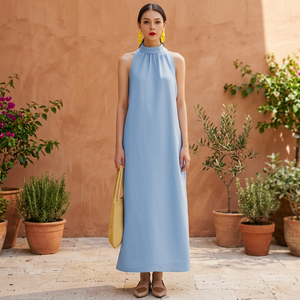 Vestido Midi Vintage de Algodón con Mangas Campana, Cintura Alta, Holgado, Liso Teñido, con Lazo Hecho a Mano y Bolsillos Laterales, para Uso Diario en Primavera y Verano, Precio al por Mayor - Product Image 3