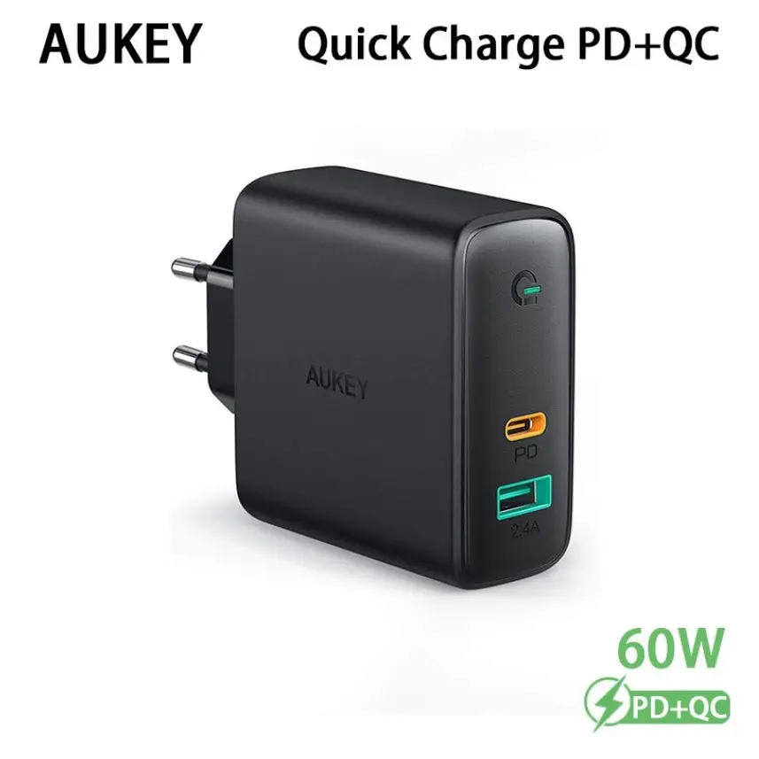 AUKEY PA-D3 USB סוג C מהיר מטען 60W QC פ"ד 3.0 כפולה יציאת כוח מתאם עבור IPhone 14 13 xiaomi מהיר קיר מטען האיחוד האירופי Plug