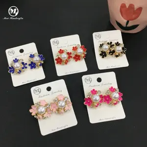 Factory Price Women Rhinestone Pearl Stud Earrings Luxury Colorful Flowers Butterfly Earrings