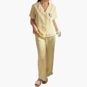 Ensemble de pyjamas d'été personnalisés pour femmes en coton à carreaux, col cranté avec bordure en dentelle, manches courtes, pyjamas en bambou personnalisés pour femmes - Product Image 1
