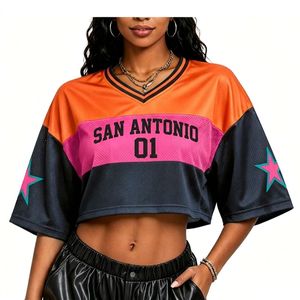 <span class=keywords><strong>Maillot</strong></span> de sport personnalisé des <span class=keywords><strong>San</strong></span> <span class=keywords><strong>Antonio</strong></span> <span class=keywords><strong>Spurs</strong></span> pour femme, coupe ample et oversize, épaules tombantes, en maille, style crop top, pour fêtes et événements, faible MOQ - Product Image 3