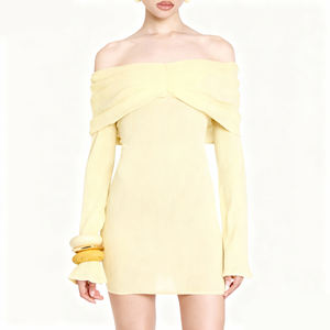 Vestido Mini Sem Alças de Manga Longa em Malha Canellada Amarelo Elegante Bodycon para o Dia a Dia no Outono - Product Image 4