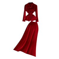 Ensemble élégant 2 pièces en maille pour femme : haut peplum à nœud papillon et manches longues, jupe mi-longue sirène taille haute pour l'automne