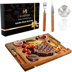 Mavoter Wooden Steak Board Set Acacia Wood Double Sided With Knife Fork And <b>Sauce</b> Dish For Outdoor Picnic And Household Use - Product Image 1