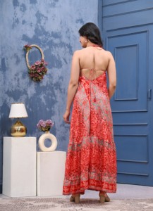 Robe bohème en soie pour femme – Robe longue imprimée avec bretelles spaghetti, dos ouvert et ourlet à volants fluide pour la plage et les vacances - Product Image 3