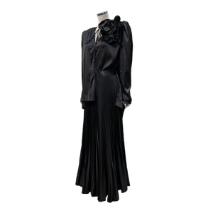 Conjunto de ropa informal para mujer, <span class=keywords><strong>hombreras</strong></span> de satén de dos piezas, broche de flor grande, <span class=keywords><strong>blusa</strong></span>, falda larga plisada, traje sólido - Product Image 5