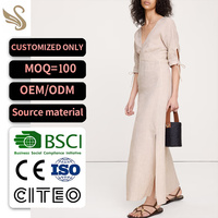 Fabricant de robes maxi fendues à col en V et manches nouées en lin beige, personnalisées OEM ODM