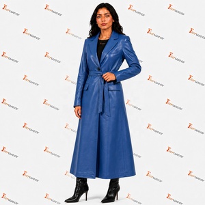 Manteau long en cuir PU bleu pour femme Tiierwear avec ceinture et poches plaquées, élégant vêtement d'extérieur pour l'automne - Product Image 2