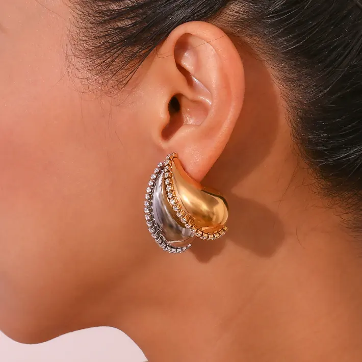 Stainless Steel 18K Gold Plated Luxury Hollow Water hoop Earrings Zircon chain smooth Non fading Women stud earring Jewelry