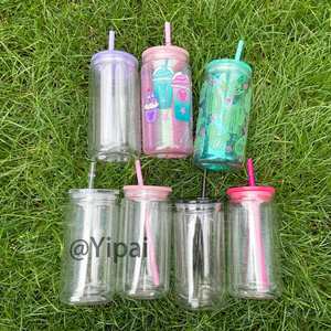 Ready to Ship 50pcs Glitter 12oz Snow Globe Plastic Can 16oz <b>Double</b> <b>Wall</b> Acrylic Snowglobe Cup Tumbler with Pre Drilled Hole - Product Image 2