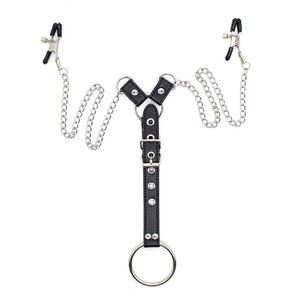 Leather Body Chain With Nipple <b>Clamps</b> And Penis Ring For BDSM Play Adult Use - Product Image 1