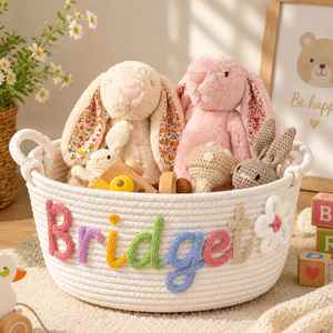 Cesta de Bebé Personalizada con Nombre, Cestas Tejidas de Algodón Hechas a Mano, Organizador de Juguetes para Bebés Recién Nacidos, Niña o Niño - Product Image 1